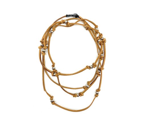 Collana con perline, vera pelle - Cuoio