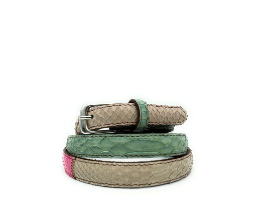 Cintura sottile - Alta 2 cm - Vero pitone - Patchwork - Verde acqua, rosa, beige