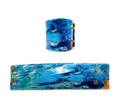 Bracciale Fascia Cuoio - Fluid art - Boreale Pavone - Azzurro 2